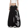 Calça de moletom com bainha curva, bloqueio de cores, estampa de letras, estilo falso duas peças, estilo americano, para comércio exterior transfronteiriço, para homens e mulheres, perna larga solta para dança de jazz