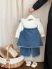 Traje de primavera para niña de estilo coreano, elegante top de mezclilla con tirantes para bebé, pantalones anchos de otoño para niños que combinan con todo.