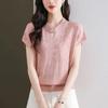 Nueva Blusa de Punto Estilosa con Cuello Alto Abotonado de Estilo Chino Moderno 2026 Nuevo Verano Estilo Nacional de Manga Corta de Hielo Falso