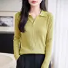 Top de punto fino para mujer con solapa, delicado y suave, corte ajustado, manga larga, elegante capa base de lana para el trabajo