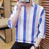 Camisa de verano con mangas de siete puntos para hombre, moderna, informal, ajustada, a cuadros, con rayas verticales, de seda helada