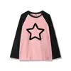 Otoño 2023 Negro y Blanco Empalmado Manga Raglán Nuevo Top Holgado y Más Fácil de Combinar Casual Delgado Estampado de Estrella de Cinco Puntas Ropa para Mujer