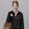 Suéter tejido casual de otoño holgado con bloques de color y rayas, con cuello camisero