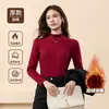 Camiseta térmica de base para outono e inverno para mulheres, gola alta discreta, forrada com fleece, espessa, corte justo, top elástico, versão unissex