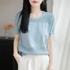 Transfronteiriço 2026 Primavera/Verão Novo Algodão Puro Borda Enrolada Gola Redonda Tricô Manga Curta Feminino Vazado Cor Sólida Top Solto
