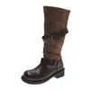 Botines retro plisados para mujer, nueva colección otoño/invierno 2026, botas de montar de tacón grueso con hebilla de cinturón, botas de media pantorrilla, botas largas adelgazantes