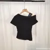 2025 Estilo Puro Desejo Renda Costurada Cor Pura Manga Curta Malha Feminina Verão Emagrecedor Decote Caído Sexy Versátil t