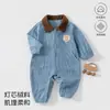 Mameluco de pana a bloques de color para primavera y otoño con cuello camisero para casa y uso al aire libre, elegante y versátil, para niños y niñas, Ropa para niños Anyang