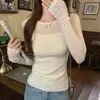 Top de punto patchwork semitransparente para mujer, de manga larga, fino, corte ajustado, camiseta base, nuevo estilo otoño 2025