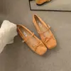 Zapatos planos de ante estilo hada con punta cuadrada para mujer 2024 nudo de lazo Mary Janes de suela plana para el trabajo