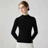 Suéter de cashmere canelado de gola semi-alta simples e elegante para mulheres, cor sólida, caimento justo, macio, suéter base de lã de manga comprida