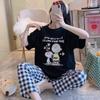 Pijama Feminina de Verão Manga Curta Calças Xadrez 2025 Desenho Animado Novo Estilo Pode Ser Usada Fora Ins Conjunto de Roupa de Casa Estudante