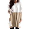 Camiseta Popular de Bloques de Color de Amazon en Stock, Camiseta Básica para Mujer, Estilo Europeo y Americano, Top de Manga Larga con Bolsillo Parcheado y Cuello Redondo de Primavera