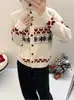 25 Cardigan Jacquard Fair Isle Retrô Gola Alta Tricô Estilo Preguiçoso Retrô Confortável Versátil Blusa de Manga Longa Suéter