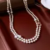 Colar Camadas com Pérolas e Zircônia Estilo Francês, Corrente Longa Versátil para Suéter Outono e Inverno, Colar Vintage Estilo Corte, Acessório de Nicho