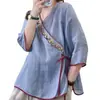 2023 Estilo Étnico Retro Cuello Diagonal Estilo Chino Bordado Camisa de Ramio Top Holgado para Mujer Vestido de Té Corte Holgado