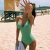 Traje de baño de una pieza conservador para mujer, escote en V profundo, color liso, traje de baño sexy con almohadilla en el pecho, espalda descubierta ajustada, traje de baño para mujer, traje de baño de playa