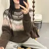 Suéter Jacquard Fair Isle Outono e Inverno para Mulheres, Tricô Color Block Gola Redonda, Peça Superior Macia Estilo Preguiçoso Quente e Aconchegante Vintage