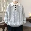 Suéter de tricô torcido estilo coreano com gola polo, espessado para aquecimento, pulôver cinza, estilo old-money, malharia masculina