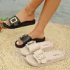 Sandálias rasteirinhas casuais da moda para uso ao ar livre, tamanho grande, novo modelo de verão para comércio transfronteiriço, sandálias slip-on femininas com fivela quadrada cravejada de diamantes