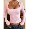 2026 Nueva Camiseta de Manga Larga a Rayas con Cuello Cuadrado Estilo Europeo y Americano para Mujer, Top de Punto Ajustado, Tendencia de Moda Transfronteriza