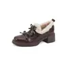 Couro de Cabra de Primeira Camada Forrado com Lã para Laço Sapatos Pequenos de Couro JK 2025 Sola Grossa Salto Médio Grosso Bico Redondo Couro Genuíno Sapatos Peludos de Cano Profundo