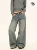 Jeans Lavados Azules Estilo Retro Americano Yongfang para Hombres y Mujeres, Versátiles de Corte Holgado, Textura Irregular Desgastada, Pantalones de Pierna Ancha Rectos con Caída
