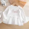 Estilo Coreano para Niñas Dulce Dibujo Animado Gatito Ropa Interior Patchwork Malla Esponjoso Dobladillo de Falda Camiseta de Manga Larga Estampada para Niños
