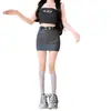 Nueva falda de verano para mujer, falda de traje de línea A gris de alta gama, que cubre la cadera, anti-exposición, minifalda de cintura alta para mujeres petite