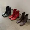 Botas Elásticas Super Stretch Femininas Botas Emagrecedoras Outono Inverno Novo Bico Quadrado Zíper Lateral Salto Alto Bloco Botas Femininas de Cano Curto Botas Curtas Elásticas 42