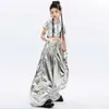 Conjunto de Top Corto Plateado Brillante y Pantalones de Pierna Ancha para Danza Jazz de Niñas, Atuendo de Verano Trendy para Performance de Street Dance