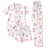 Conjunto de Pijama Casual de Tres Piezas para Mujer Transfronterizo, Dibujos Animados Lindos de Manga Corta, Pantalones Largos y Shorts, Conjunto de Doble Uso para el Hogar y el Exterior