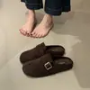 Chinelos Slip-on Femininos Outono 2026, Retro, Camurça, Forrados com Pelúcia, para Uso Externo, Fáceis de Calçar, Mules Preguiçosos, Chinelos de Algodão Falso com Dedos Separados