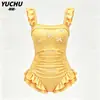 2026 Nuevo Traje de Baño de Una Pieza a Cuadros con Cuello Cuadrado para Mujer Cintura Ceñida Volantes Oculta Barriga Adelgazante Traje de Baño para Piscina Caliente y Playa