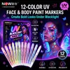 ¡Guau! Set de 12 bolígrafos fluorescentes UV, marcadores que brillan en la oscuridad para pintura facial y graffiti corporal, herramientas creativas para bares y Halloween