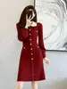 Vestido Suéter de Punto con Cuello de Muñeca Estilo Hong Kong Mangas de Linterna Ropa Interior Base para Citas Vestido Rojo Pequeño