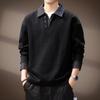Camisa tipo polo de mezclilla pesada de alta gama con bloques de color, estilo falso dos piezas, para hombre, Otoño, Retro Americano, corte holgado, sudadera con cuello de solapa para hombre