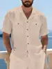 Nueva Camisa de Lino de Manga Larga para Hombre, Camisa Casual de Playa de Corteholgado con Cuello, Camisa de Manga Larga de Color Sólido