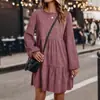 Vestido de Pastel en Capas de Pana Cuello Redondo Manga Larga Abullonada Holgado Cubre Imperfecciones Casual Vestido Corto para Mujer