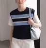 Top de punto a rayas de dos piezas de color contrastante estilo coreano para mujer, camiseta de verano de manga corta con cuello redondo y hombro normal