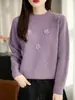 Suéter de tricô bordado tridimensional feminino, outono e inverno, com textura refinada, um suéter de manga longa estiloso e que afina a silhueta