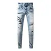 Marca de moda de alta costura transfronteriza, nuevo estilo, parche de letras, color claro, desgastado, corte ajustado, jeans rotos para hombres a la moda