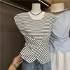 Suéter suave de punto estilo francés-coreano para mujer con diseño cruzado de botones laterales, que ciñe la cintura, adelgazante, top asimétrico para principios de verano