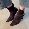 Botas de tacón alto con cremallera trasera adelgazantes para mujer 2026, Botines elegantes de gamuza con hebilla de cinturón y punta fina, Botas de tacón de aguja retro de una sola pieza