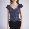 Estilo Chica de Ballet Francés Retro Nicho Cuadros Volantes Mangas Abullonadas Top Sexy Cuello en V Camiseta Adelgazante