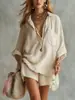 2026 Moda de Verano Nueva Europea y Americana Transfronteriza Conjunto de Shorts de Playa con Bolsillos y Camisa de Algodón y Lino para Mujer