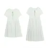 Vestido de Algodão Pesado Bordado de Ombro Reto Cintura Alta para Verão, Vestido Emagrecedor Soltinho Plus Size Feminino 66211