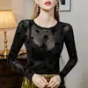 [Hecho a medida] Blusa transparente con estampado de mariposas negras para primavera/otoño para mujer, cuello redondo, corte ajustado, encaje ligeramente transparente