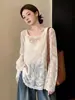 Blusa de encaje floral semitransparente de manga larga, cuello redondo, color blanco roto para mujer, nueva, corte holgado, favorecedora para la figura, con capas, protección solar A13475