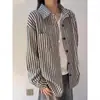 Camisa de Espiga Rayada Unisex Versátil de Gama Alta Estilo Japonés Cuello de Solapa Holgada para Pareja Chaqueta de Manga Larga Top Casual